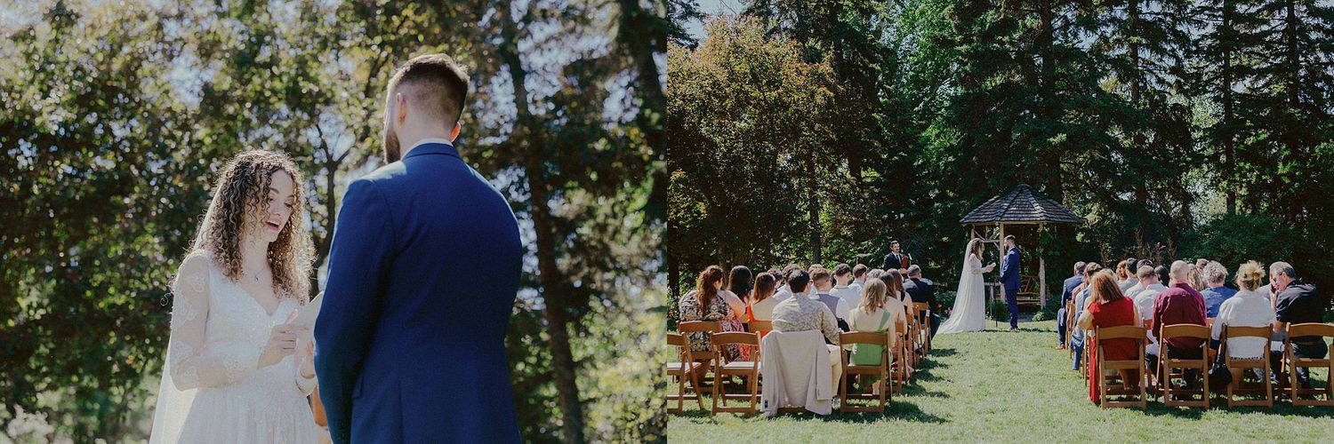 Wedding guests seated in rows of chairs during an outdoor ceremony.
