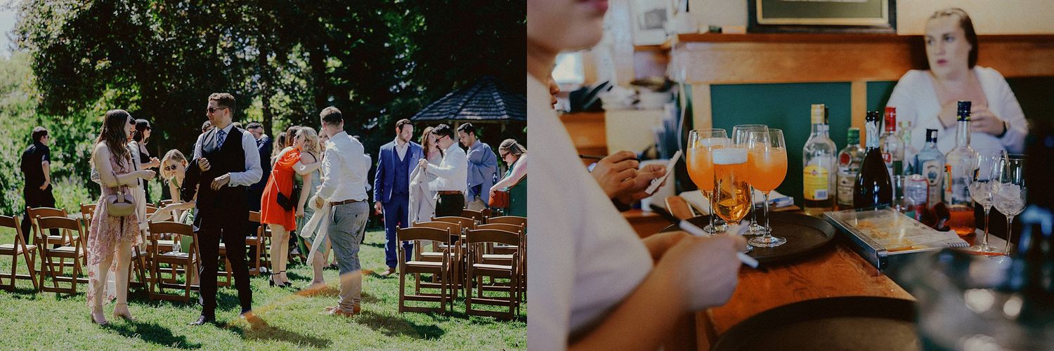 Candid moments from an intimate wedding celebration with guests in an outdoor venue.