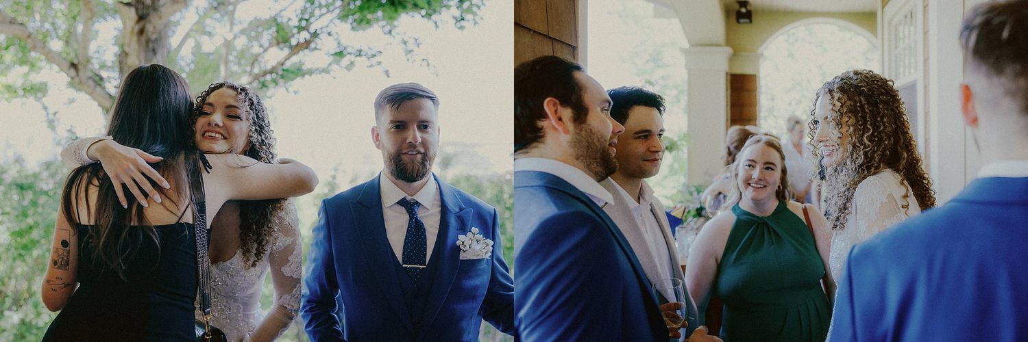 Wedding party celebrating outdoors with guests in formal attire.