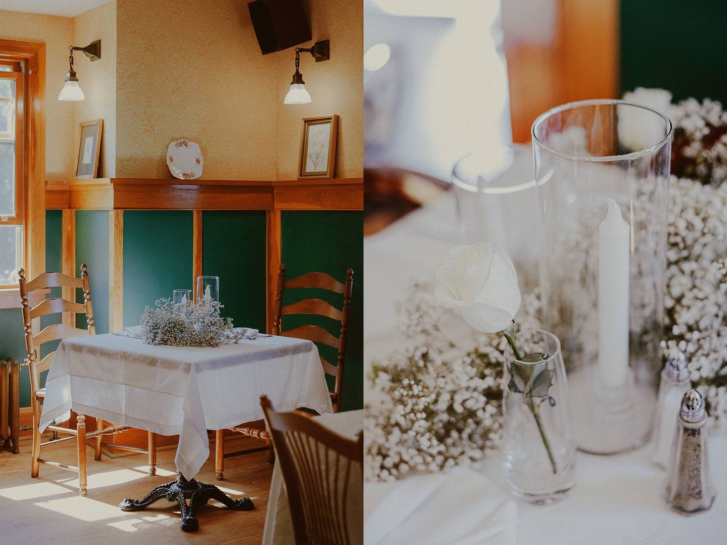 Reception venue decorated with simple white table settings and rustic wooden details.
