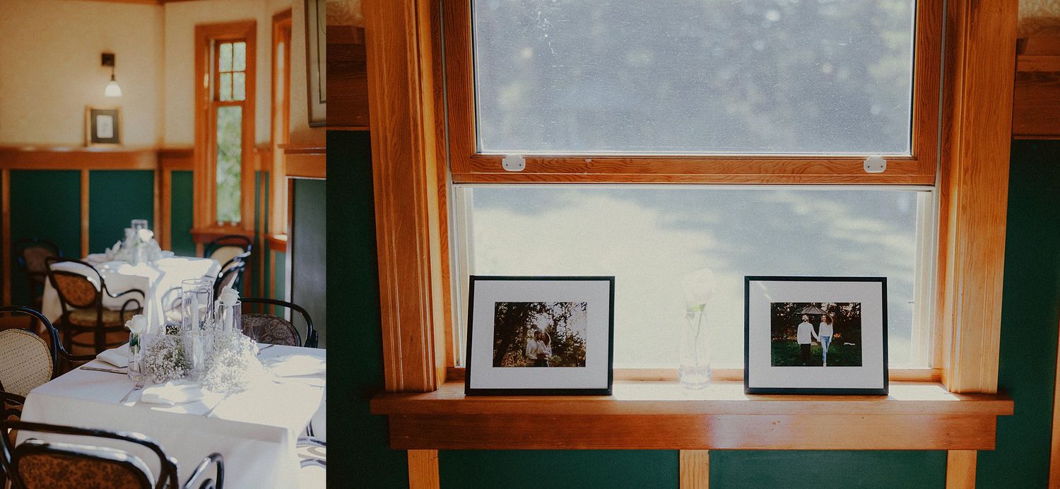 Rustic wooden interior of a wedding venue decorated with vintage frames and soft lighting.