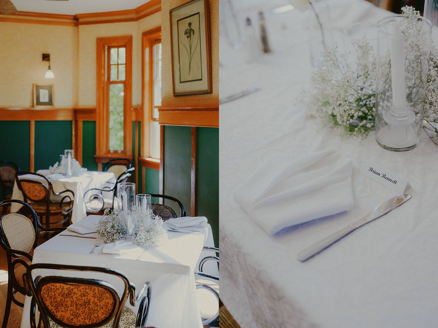 White table settings and decor arranged for an elegant indoor wedding reception.