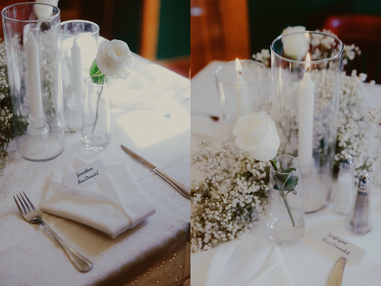 Elegant wedding reception table settings with white linens and delicate floral arrangements.