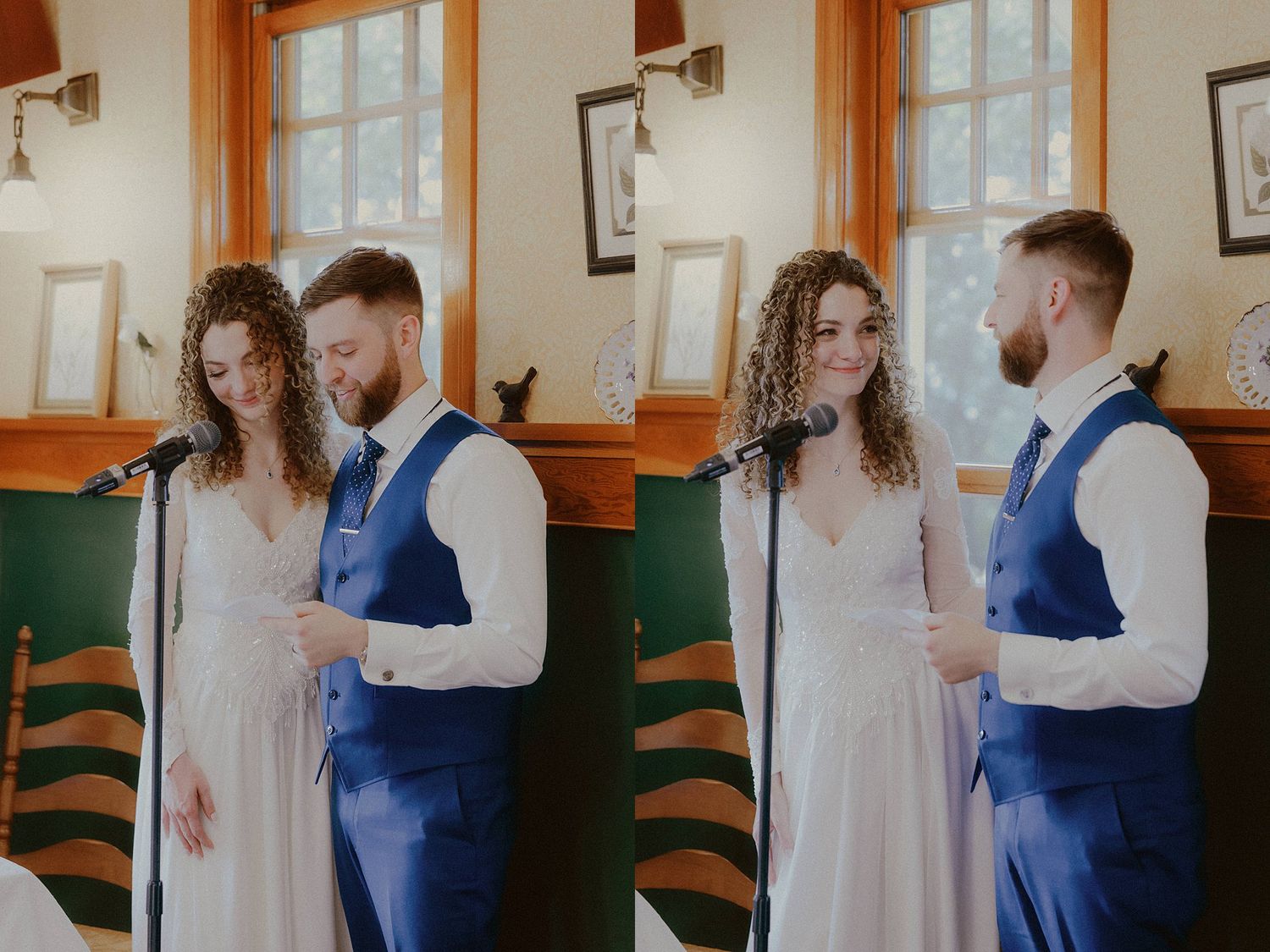 An intimate indoor wedding moment captured in a rustic room with wooden details.
