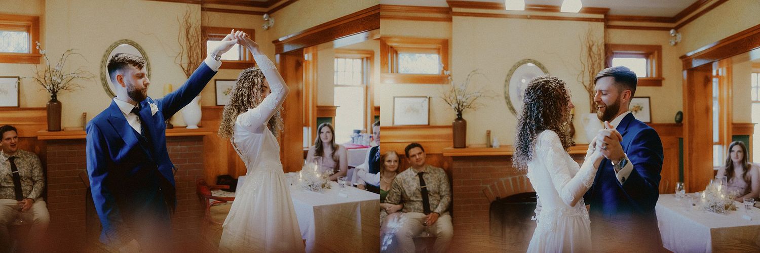 Wedding celebration in a rustic venue with wooden beams and natural light.