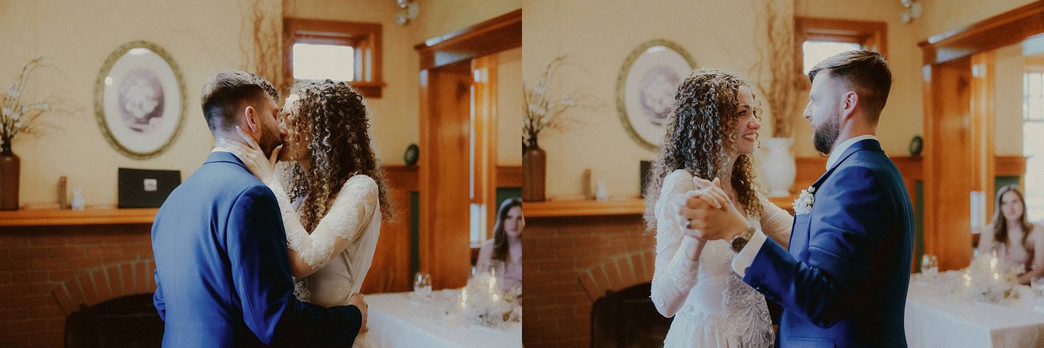Wedding celebration in a rustic wooden interior venue with warm lighting and elegant decor.