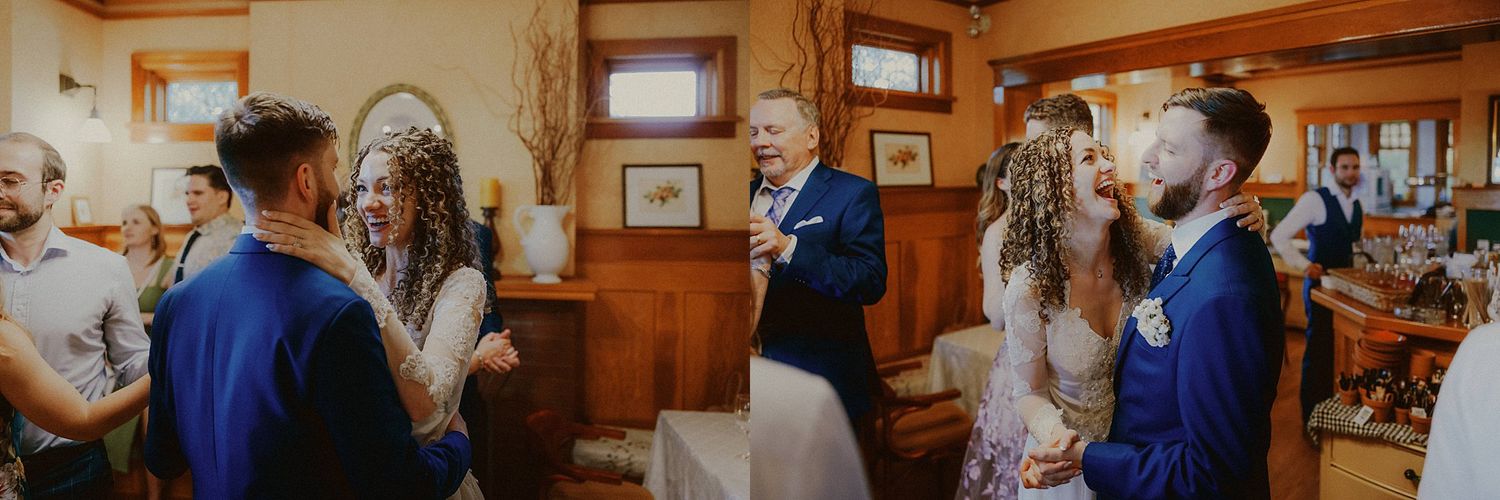 Rustic wooden venue decorated for an elegant wedding celebration with natural lighting.