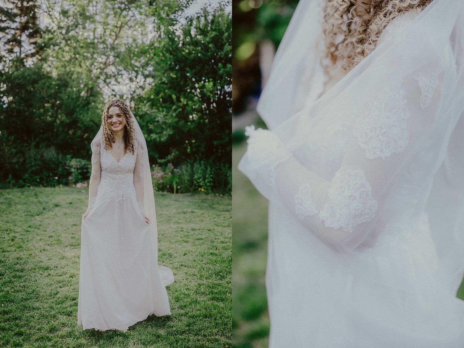 Bride walking through a garden wearing a flowing white wedding gown.
