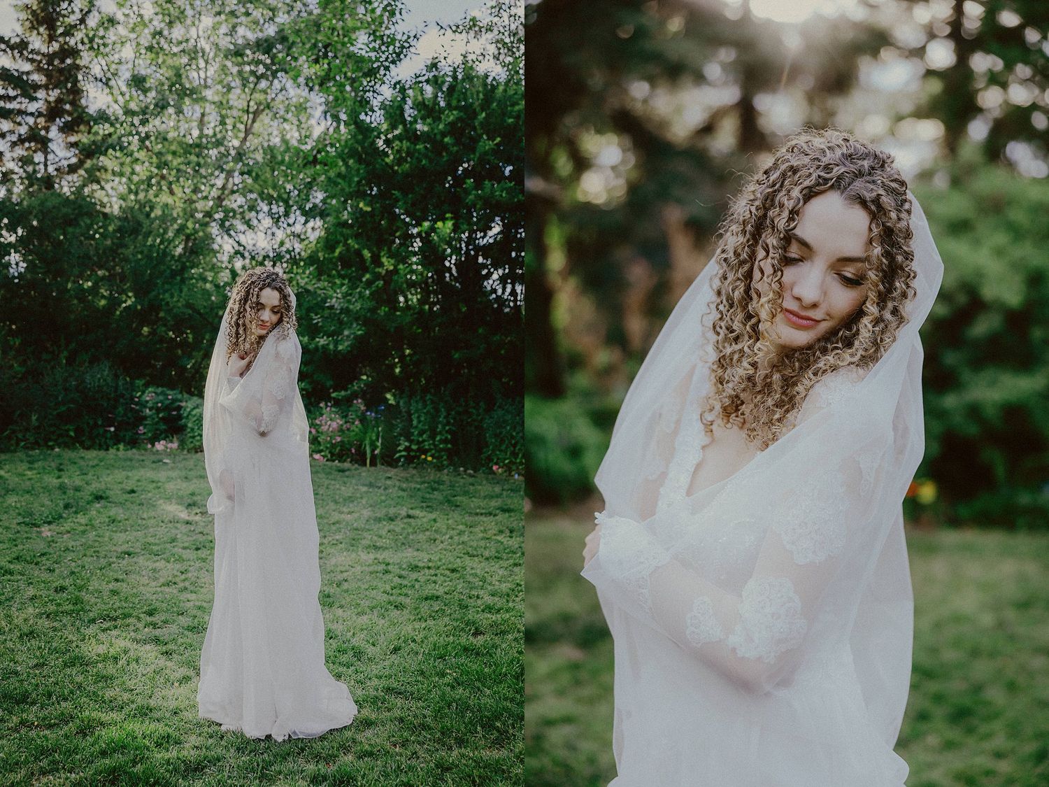 Wedding portraits in a lush garden setting with soft natural lighting and greenery.