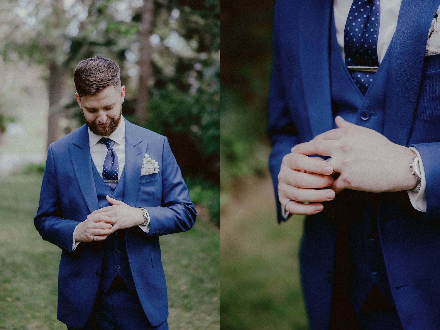 Close-up details of navy blue formal attire and accessories at an outdoor wedding.