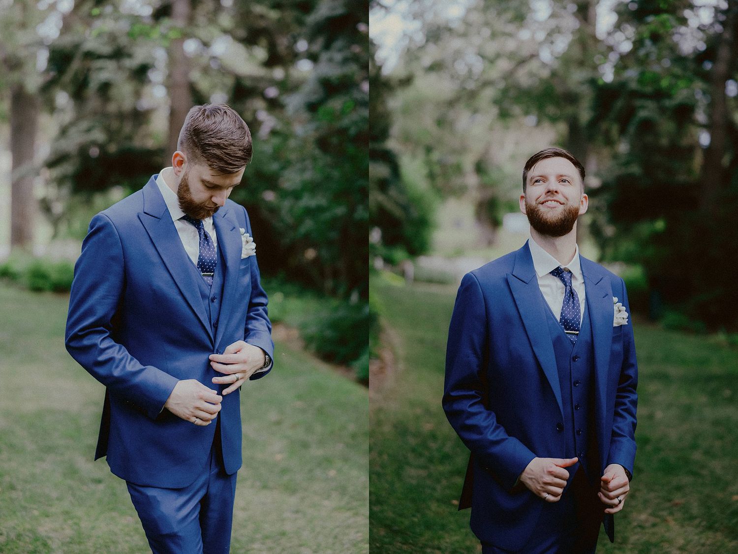 A series of photos showing a groom in a navy blue suit adjusting his cuffs and tie in an outdoor garden setting.