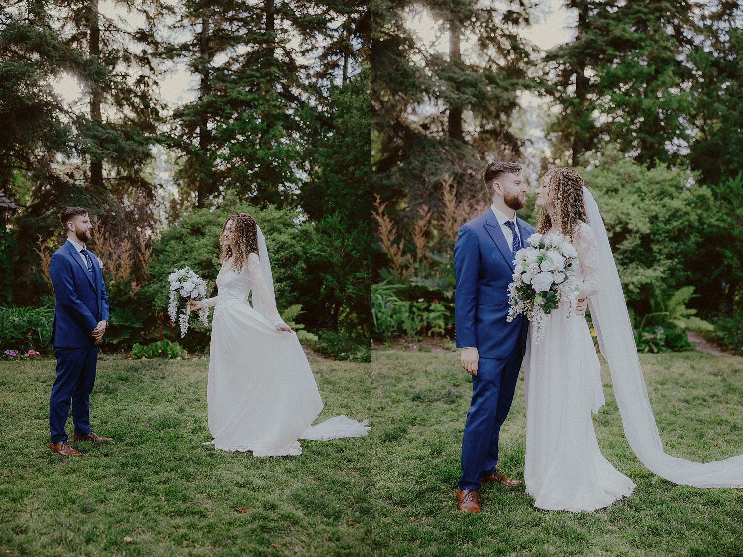 A romantic wedding photo series showing a couple in a lush green garden setting with the bride in white and groom in navy.