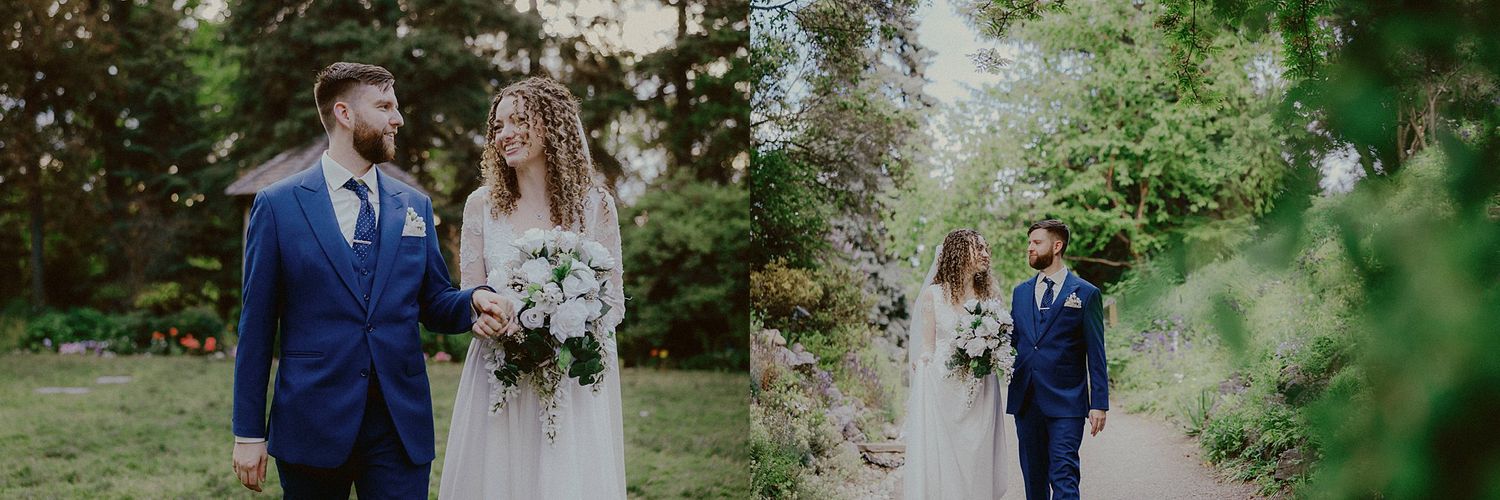 A romantic garden wedding scene with natural greenery and pathway views.