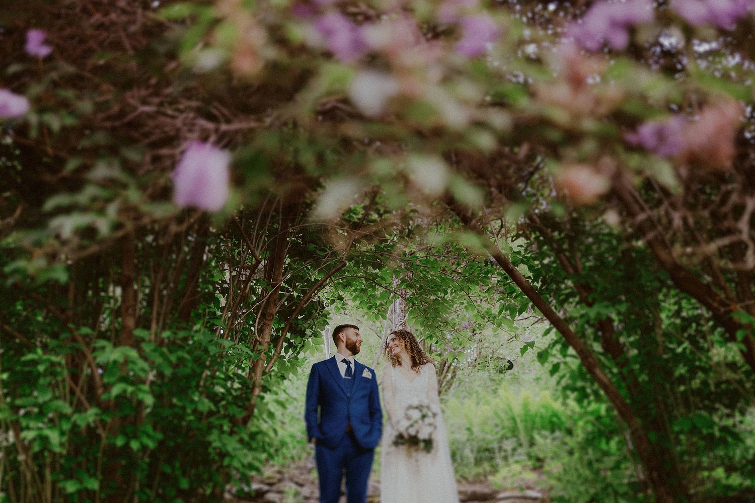Wedding couple walking through a garden with purple flowering trees in bloom.