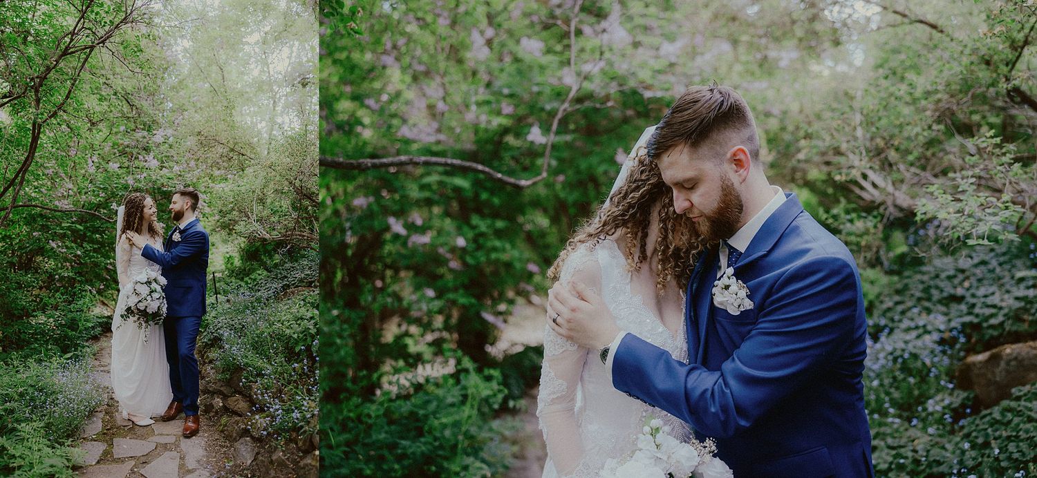 Intimate wedding photos captured in a scenic outdoor garden with blooming trees.