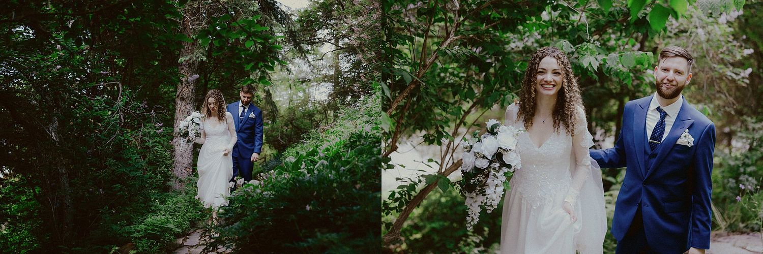 Garden wedding photography sequence showing natural greenery and outdoor ceremony details.