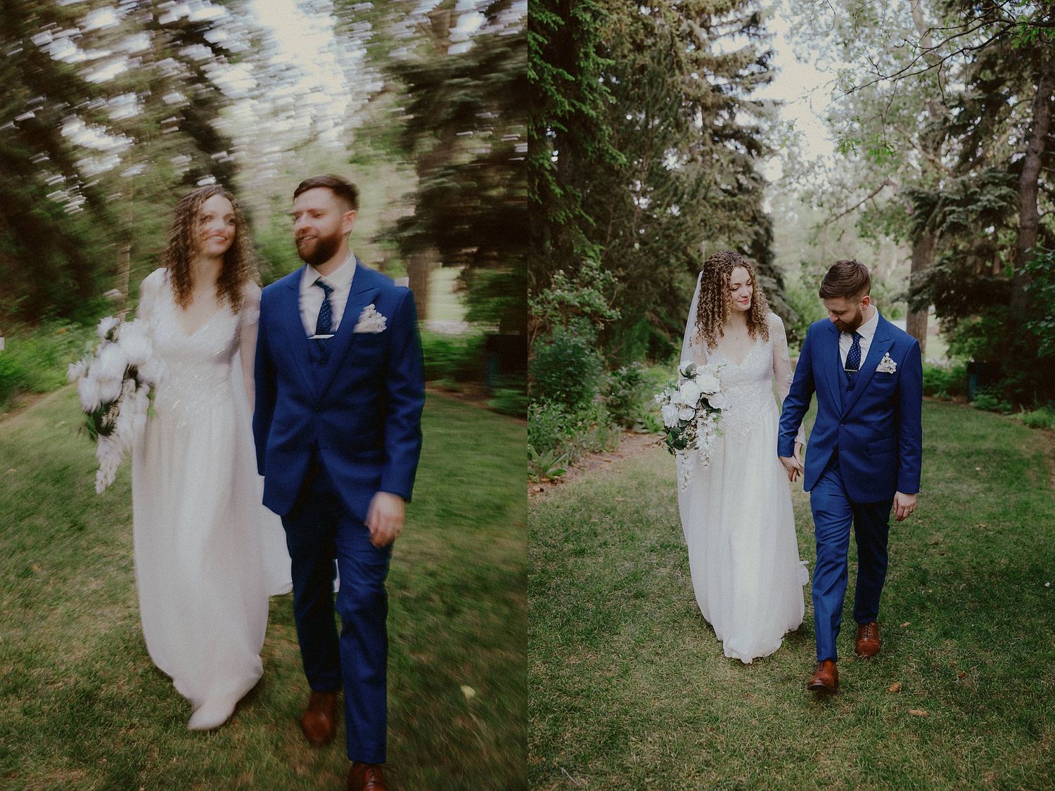 A collection of romantic wedding photos featuring a couple walking together in a lush garden setting.