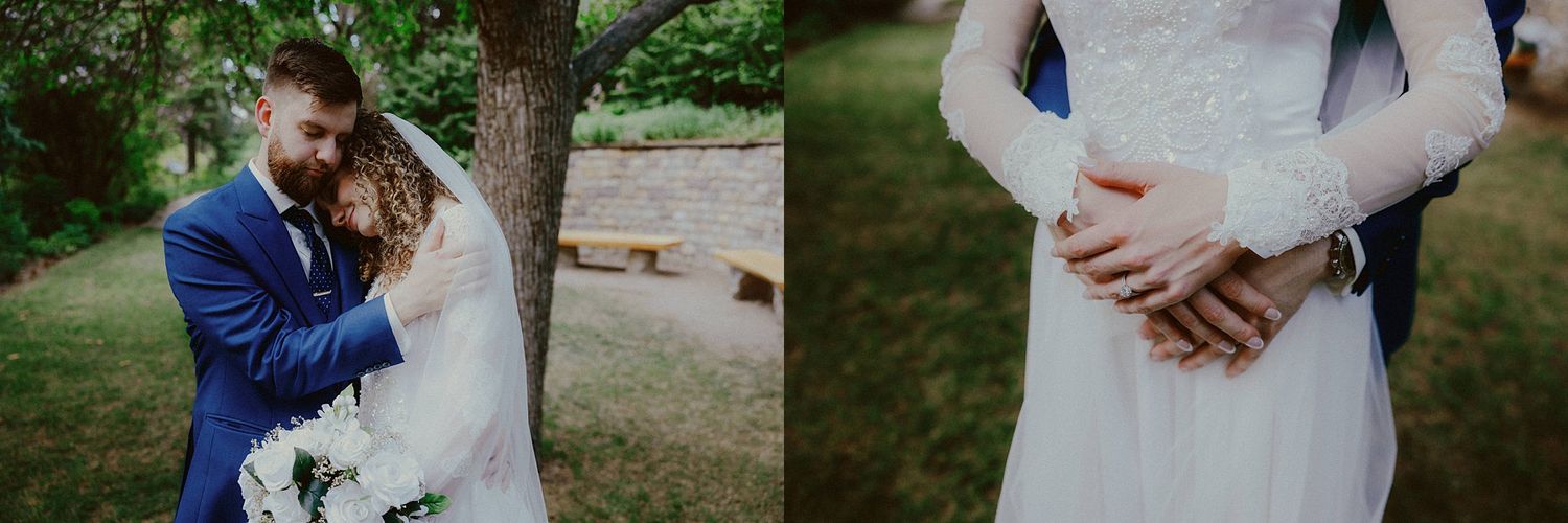 A romantic outdoor wedding photoshoot in a lush green garden setting with white and blue attire.