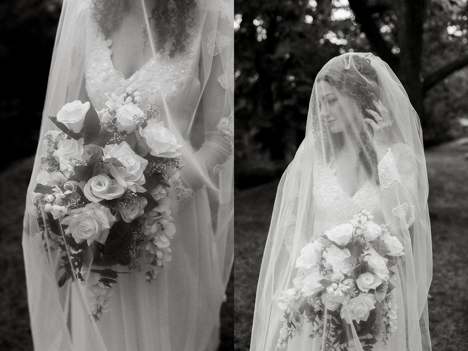 Close-up details of a white lace wedding dress with delicate floral bouquets against a dark background.