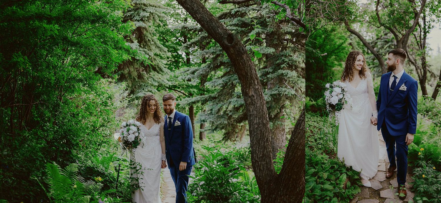 Romantic wedding photography session in a verdant forest setting.