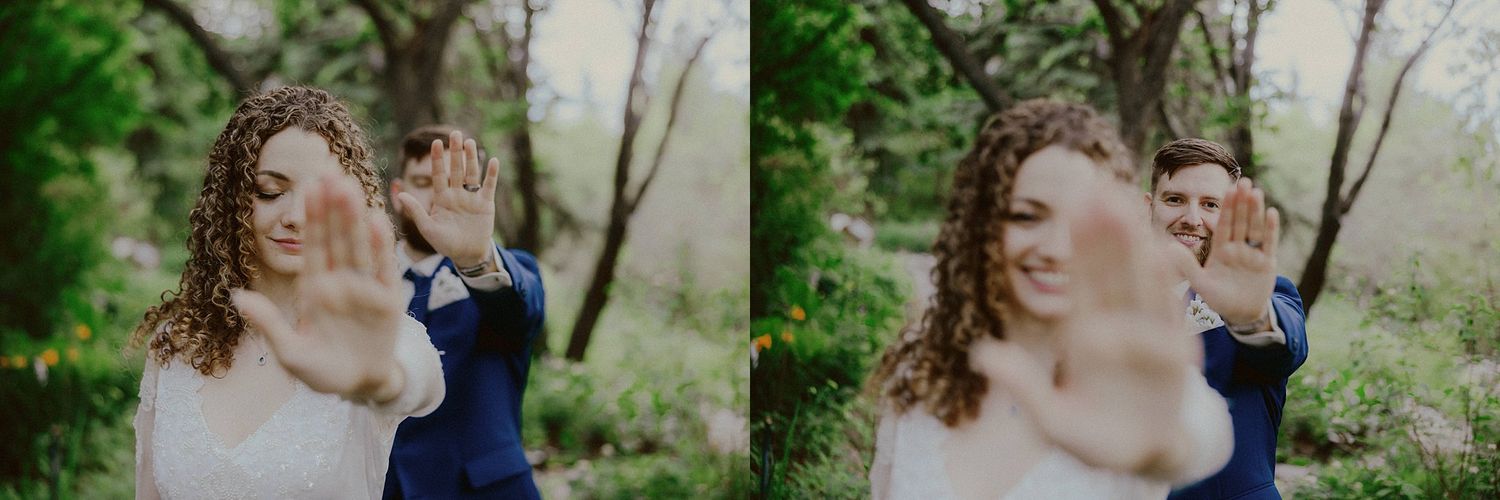 A series of intimate wedding photos captured in a natural outdoor setting with soft lighting and greenery.