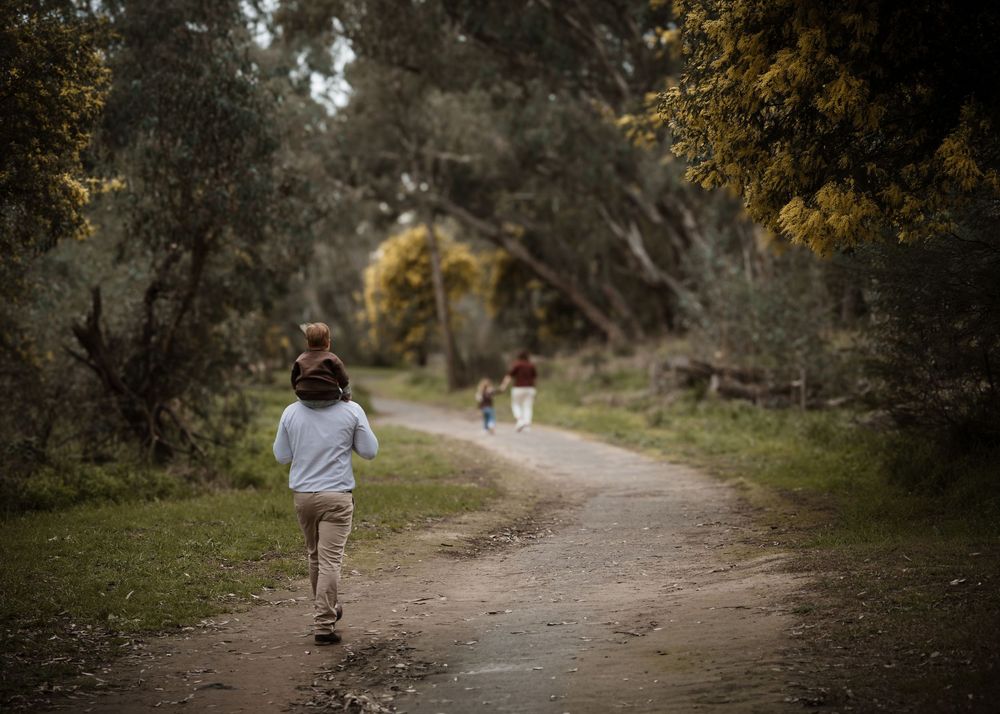 Child runs down a winding dirt path in a misty forest while others walk in the distance.