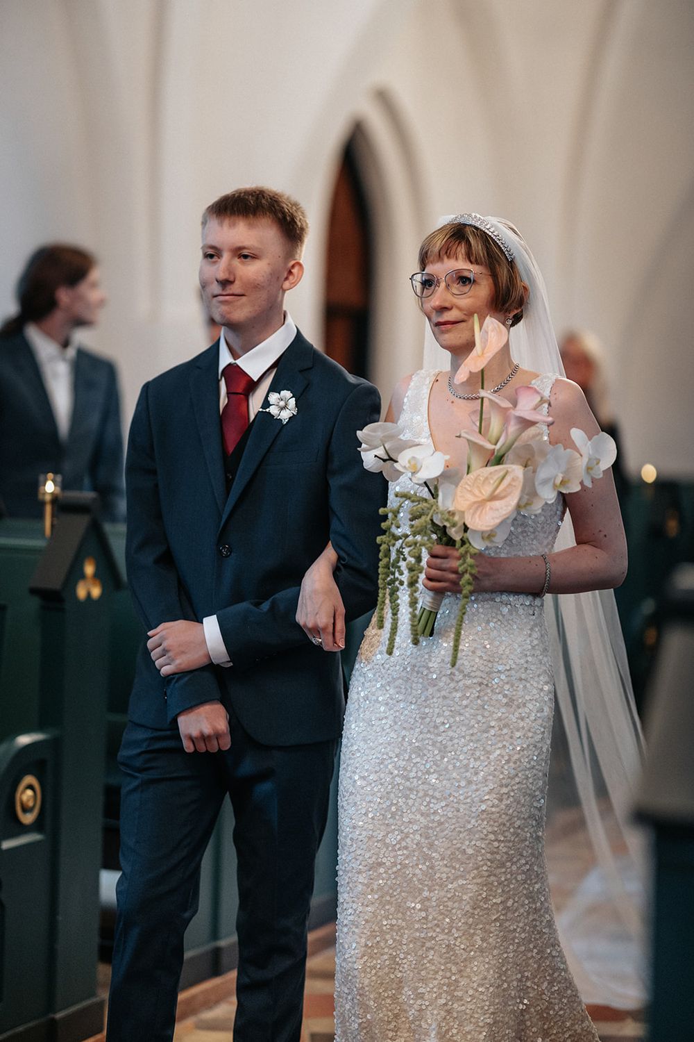 A sequence of wedding ceremony photos showing a couple in formal attire at the altar of a traditional church.