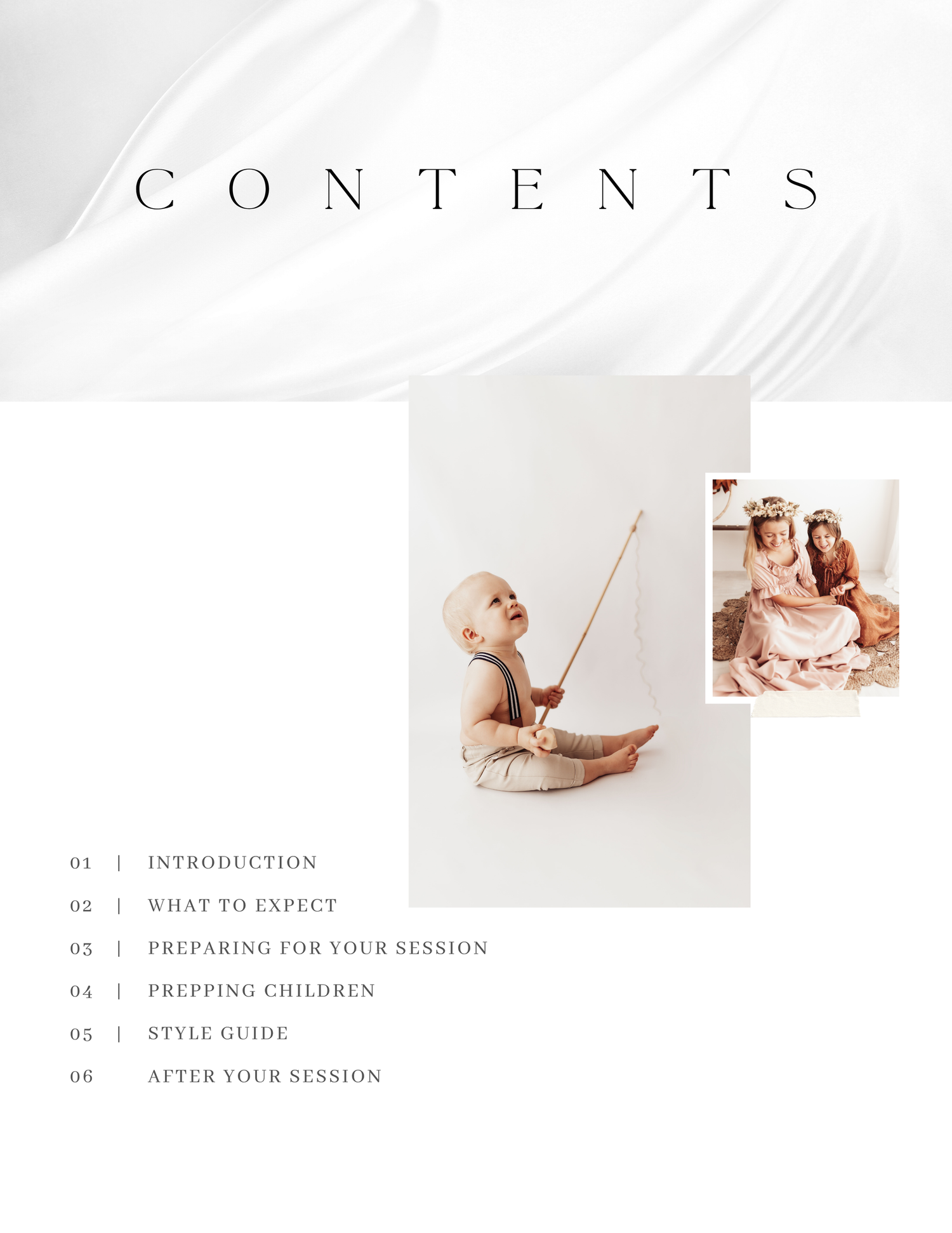 Table of contents page showing photography session information with soft, minimalist design and muted beige tones.