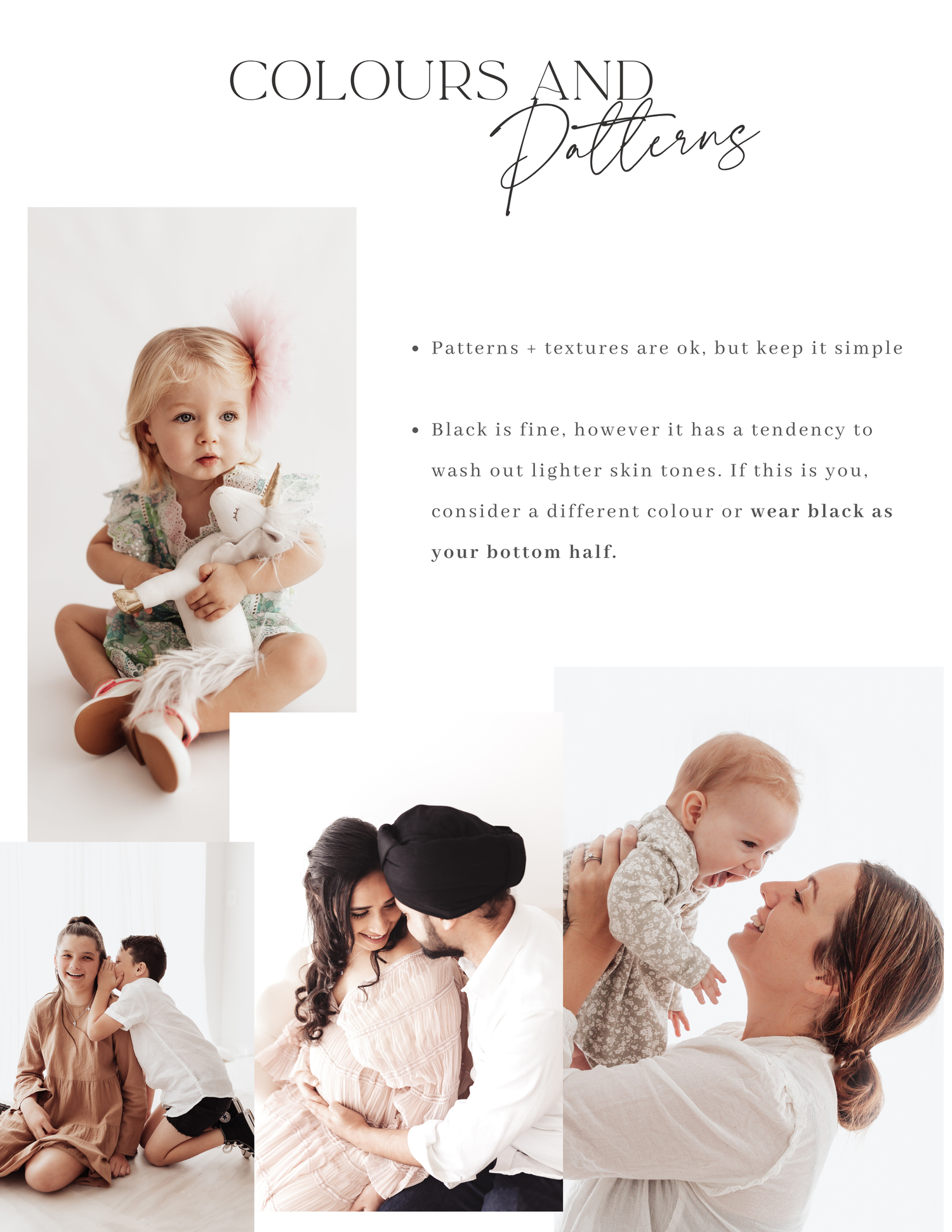 A style guide showing clothing suggestions for family photo sessions in neutral tones.