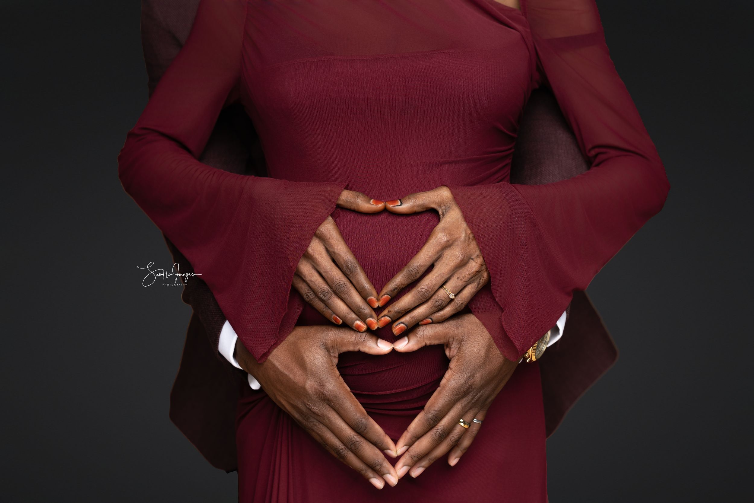 Hands form a heart shape against a burgundy dress in a sequence of artistic poses.