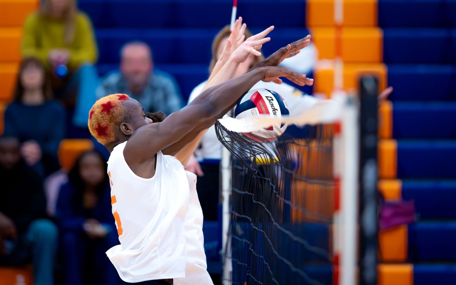 High school boys volleyball block at the net game day action photography, Central PA, by Deanna Fox, SportsFox Photography, Hershey PA