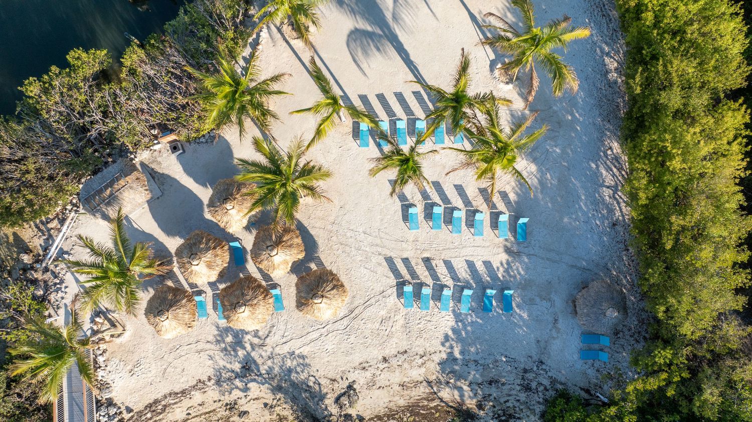 Aerial view of a tropical beach with palm trees, thatched umbrellas, and turquoise lounge chairs on white sand.
