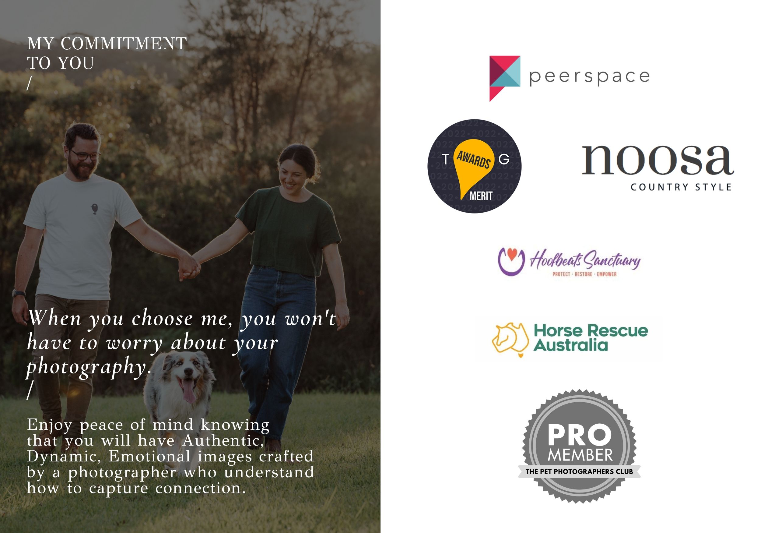 Photography business page showing brand partnerships and company logos on dark background.