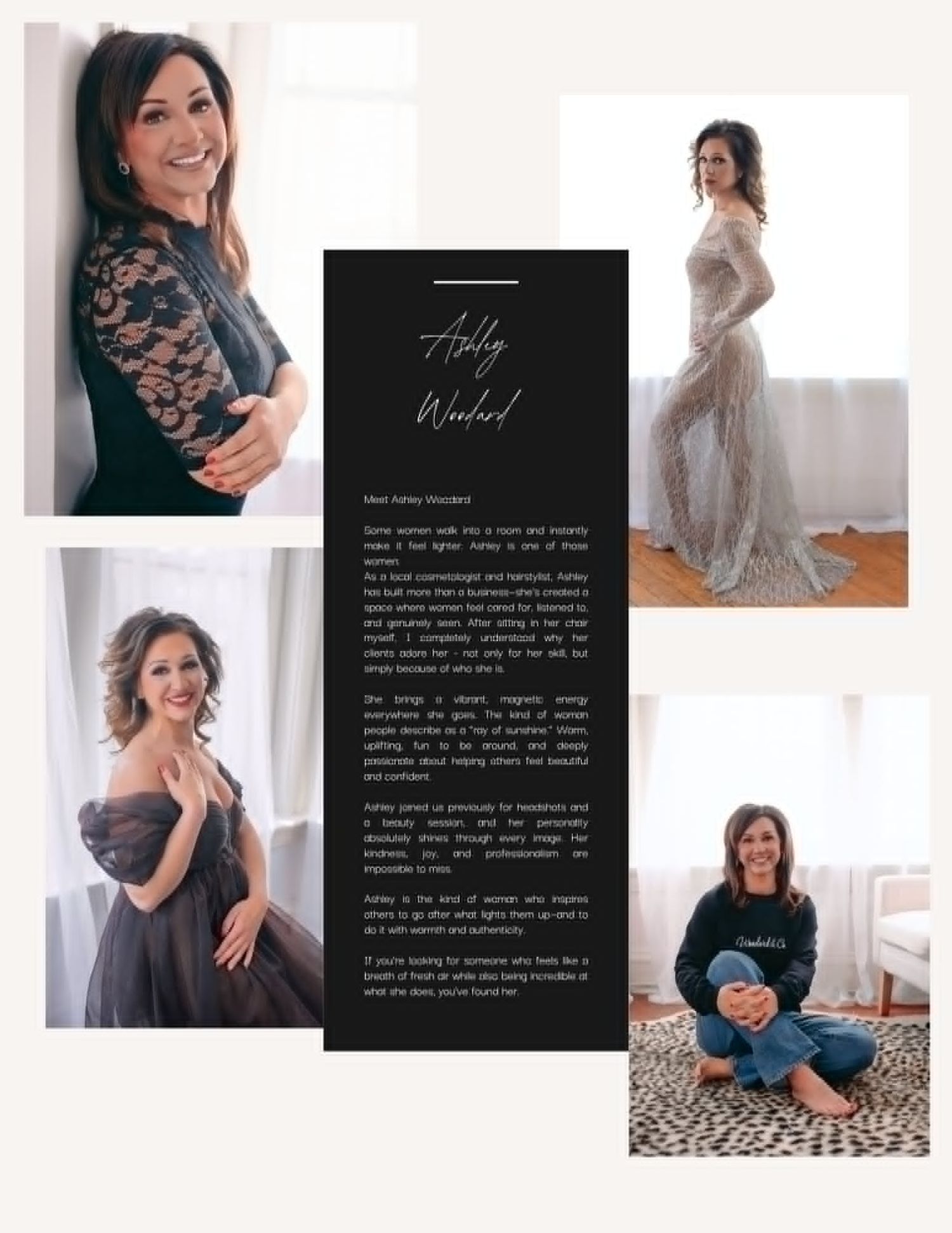 A collage of Ashley Winford featuring three poses: smiling in lace dress, elegant maternity gown, and casual seated portrait.