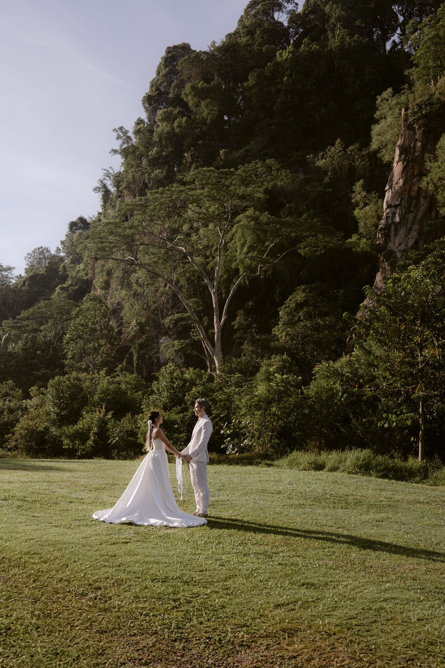 Bride and groom hold hands on green lawn facing a towering tree and lush rocky hillside backdrop.