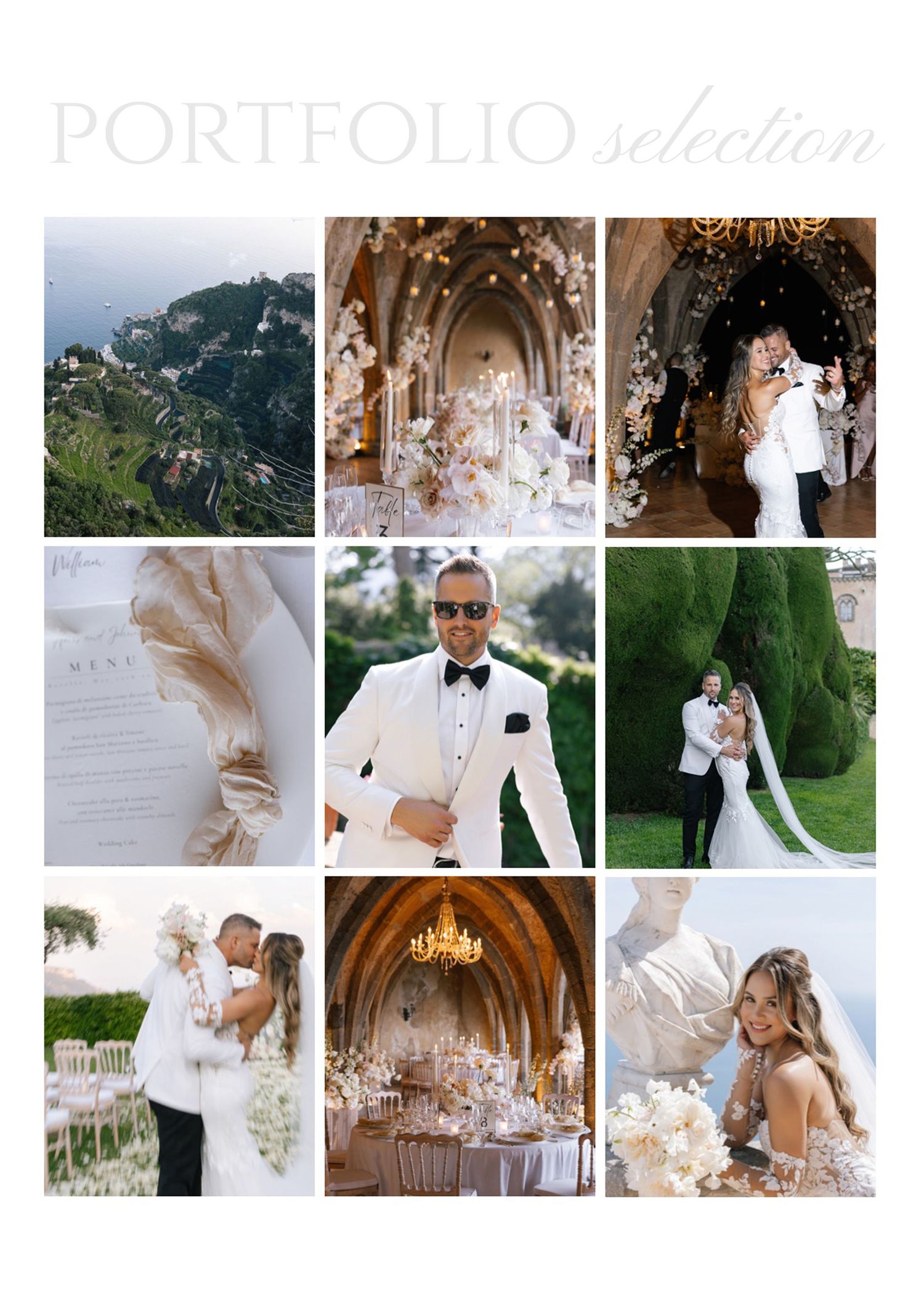 A luxury wedding portfolio collage featuring elegant ceremonies, floral decor, bridal couples, and stunning venues in white and gold tones.