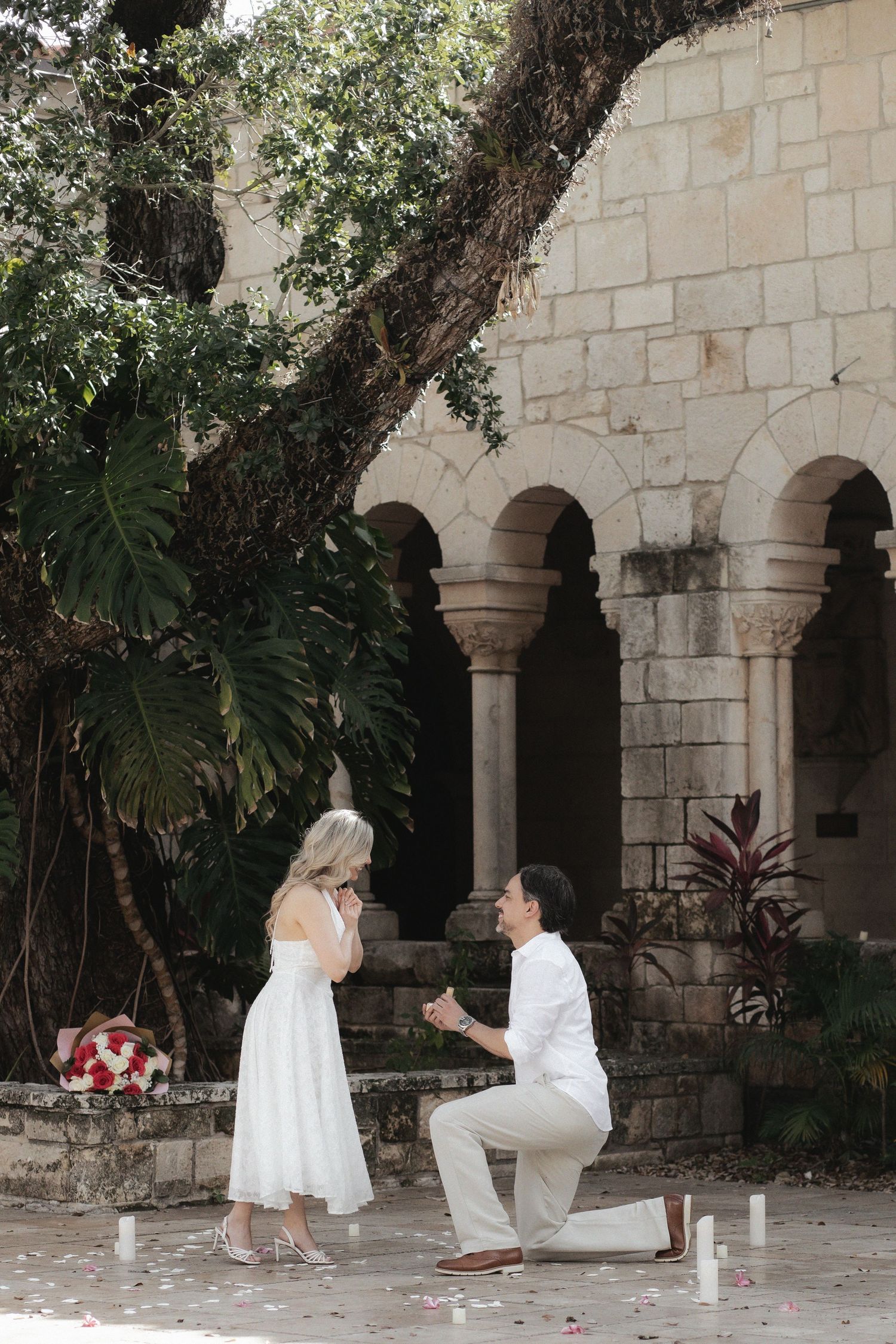 Newlywed engaged couple marriage proposal at The Ancient Spanish Monastery, Miami Beach