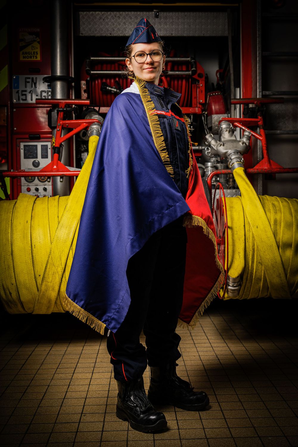 Graduate wearing blue and gold academic regalia stands in front of fire trucks and yellow hoses at fire station.