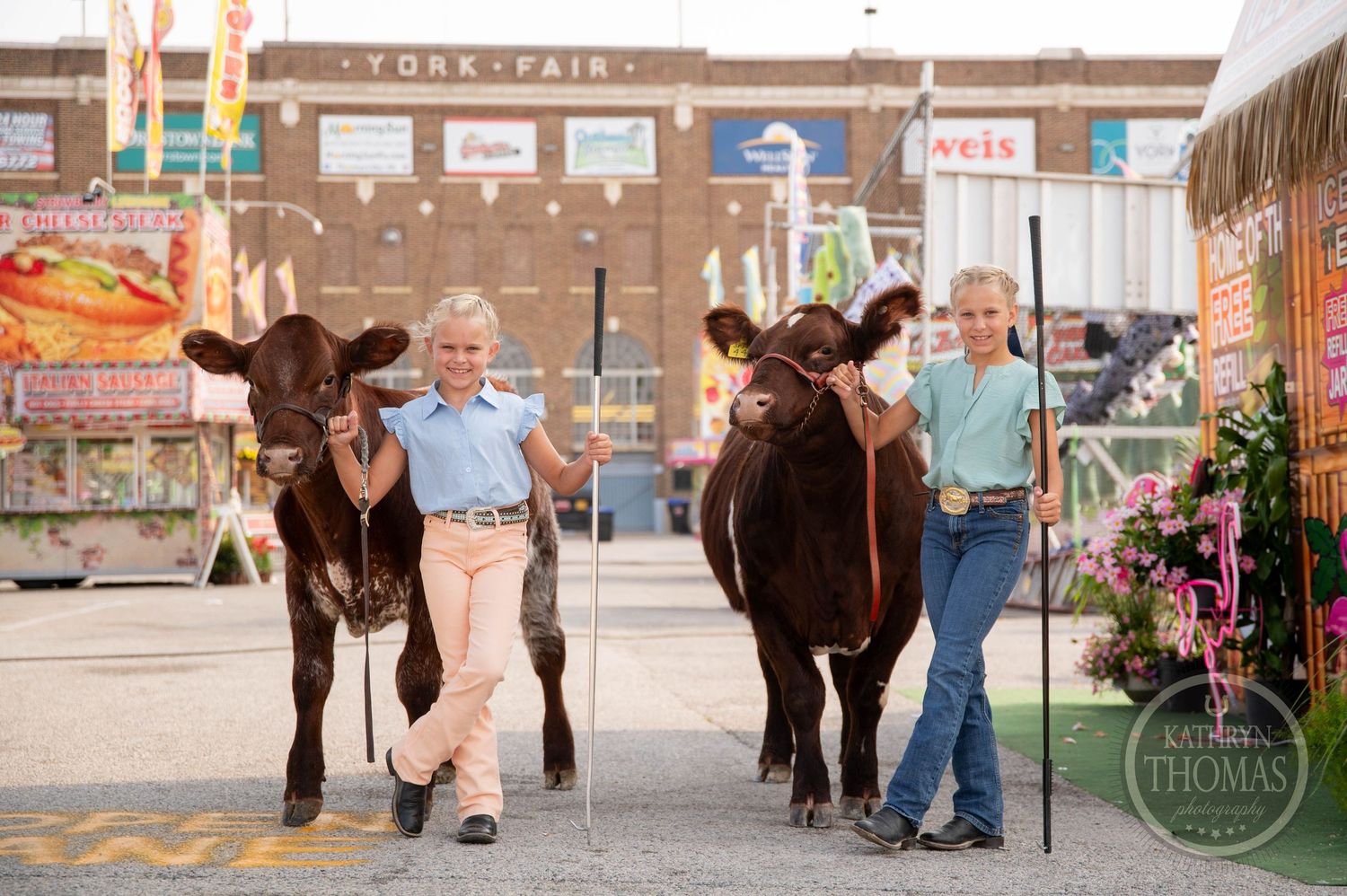 Two people lead black cattle at a county fair with colorful flags and FedEx building in background.