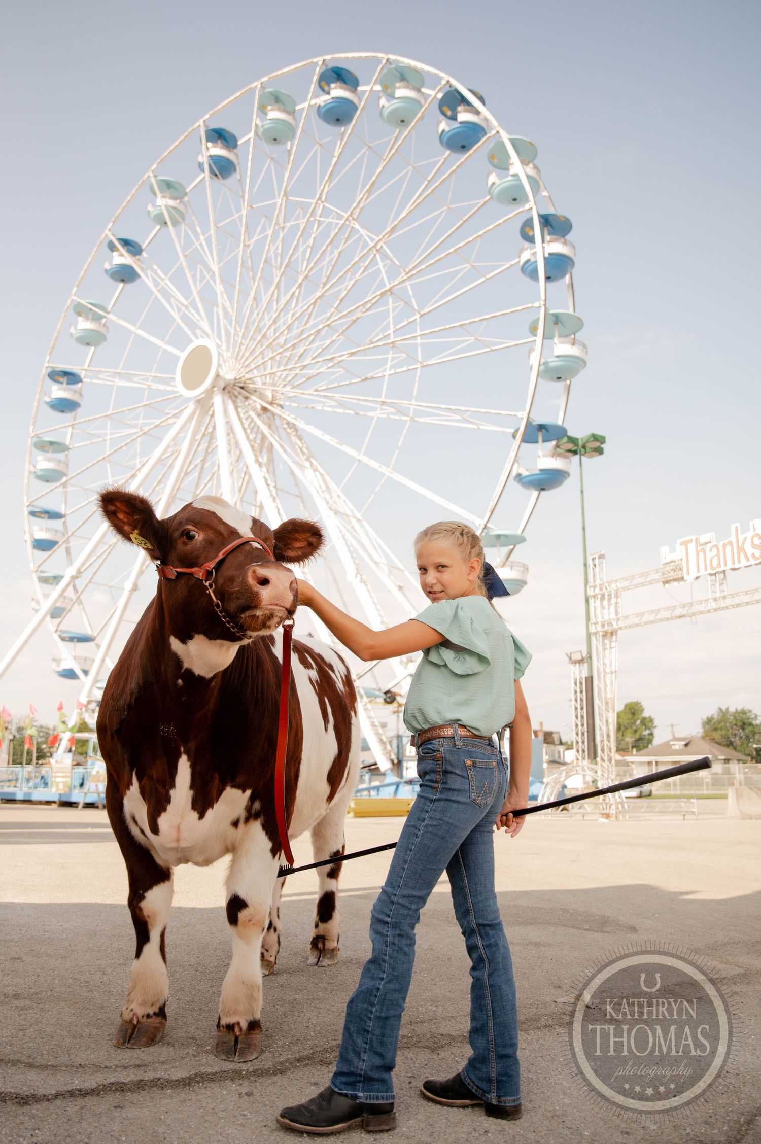 Young girl leads a brown and white show cow at a county fair with a large Ferris wheel in the background.