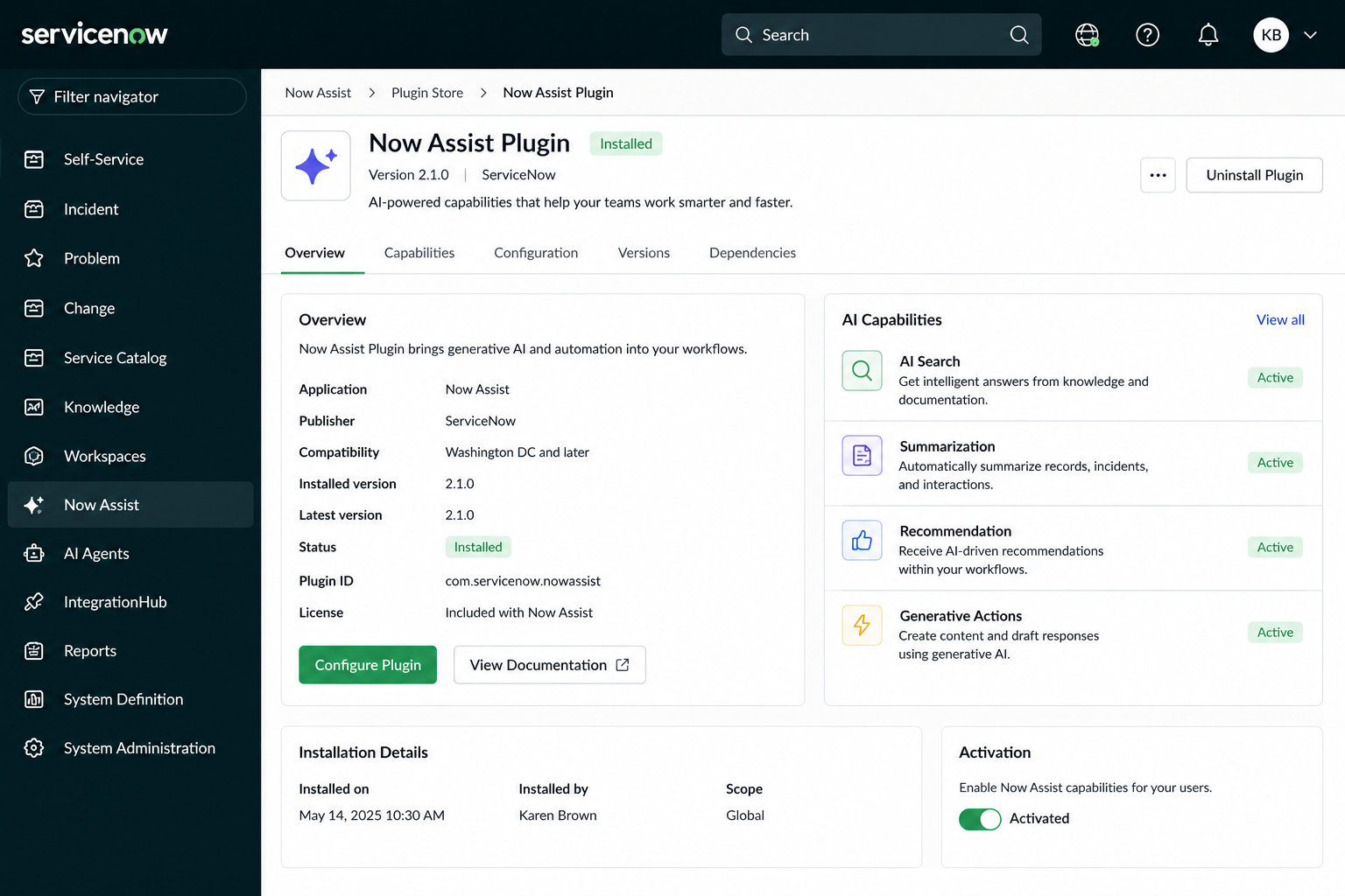 ServiceNow Now Assist Plugin dashboard showing AI capabilities including AI Search, Recommendation, and Generation features.