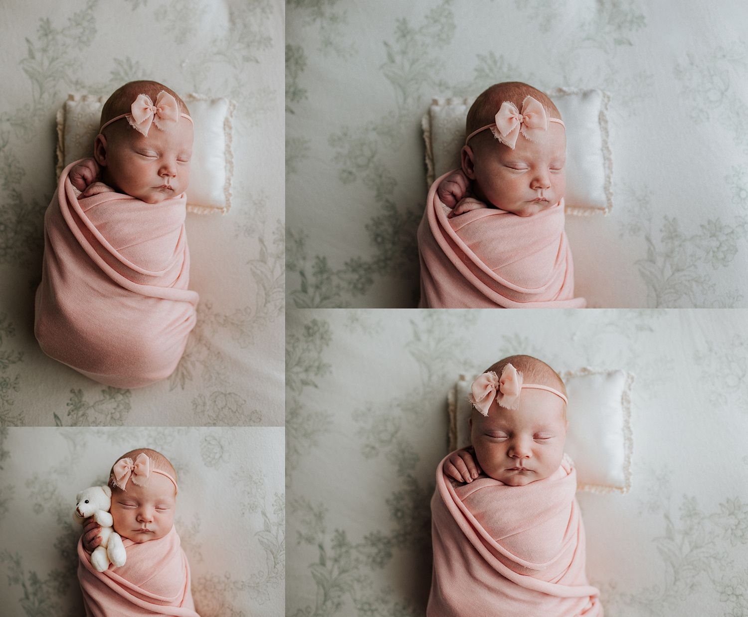 Newborn baby girl swaddled in pink wrap with bow headband, sleeping peacefully in a four-photo collage.
