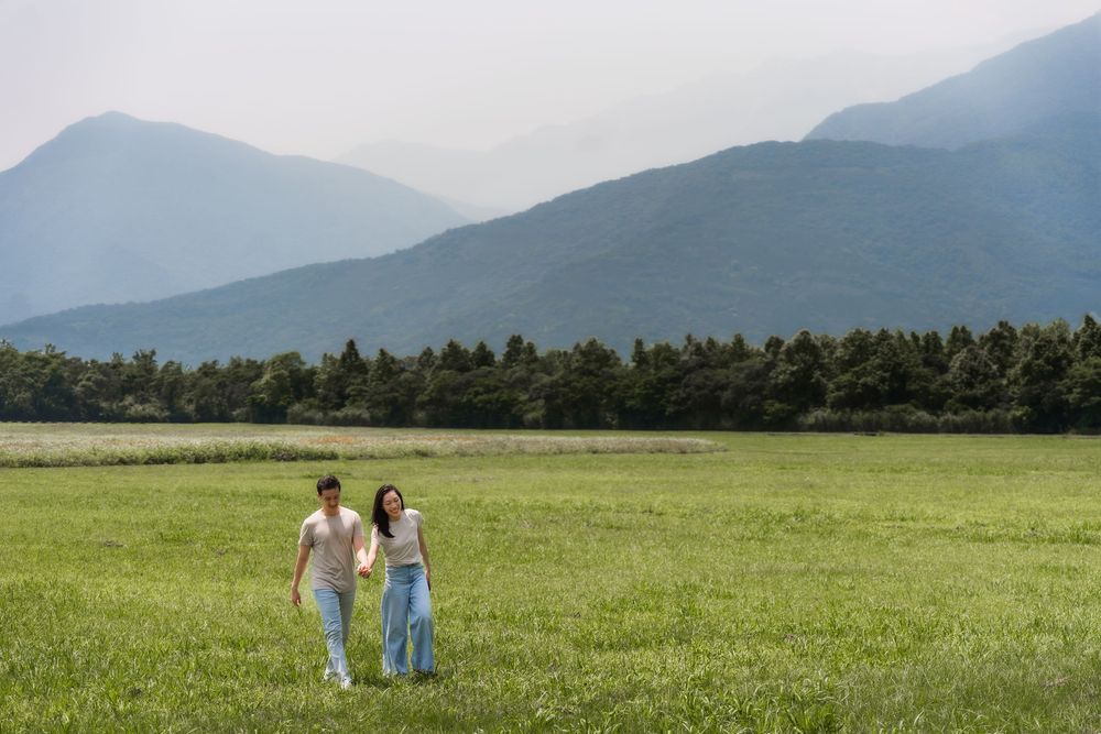 Couple walking hand in hand through a lush green meadow with misty mountains and trees in the background.