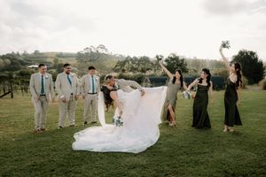 Wedding party celebrates outdoors on green lawn, bride and groom kissing while groomsmen and bridesmaids cheer around them.