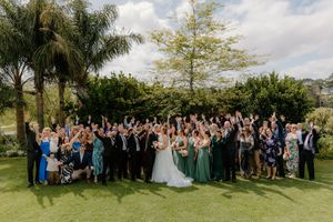 Large wedding party celebrating outdoors on green lawn with raised hands, bride in white gown, bridesmaids in green dresses.