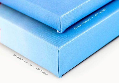 Two blue canvas frames stacked, showing Classic 75-inch depth and Premium 1.5-inch depth size comparison.