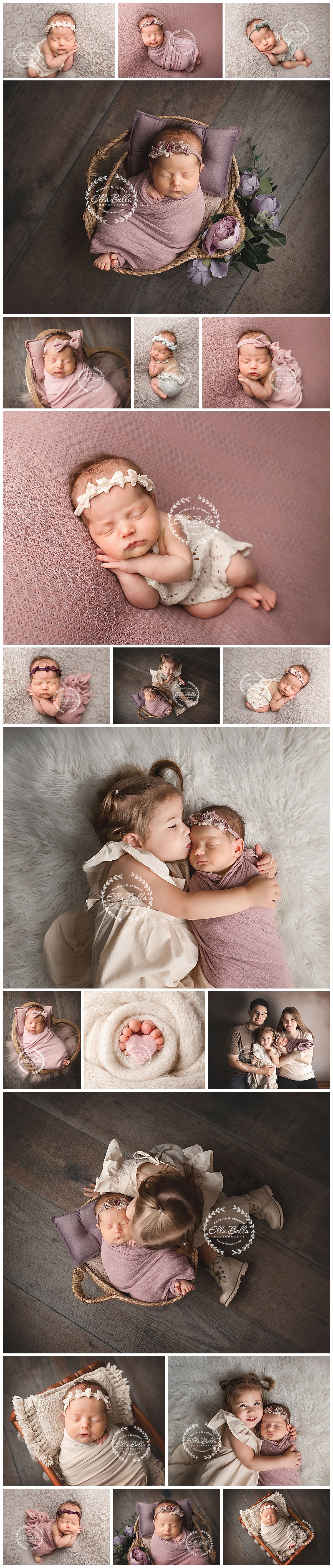 Newborn baby girl photography collage featuring pink wraps, floral headbands, basket poses, sibling and family portraits.