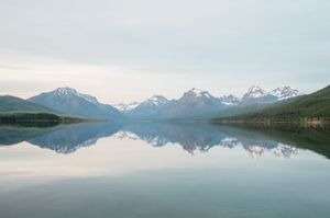 Perfectly mirrored reflection of snow-capped mountains and green forests in a calm glassy lake.