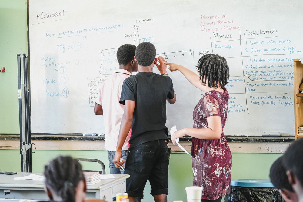 Students writing on whiteboard in classroom during group activity.