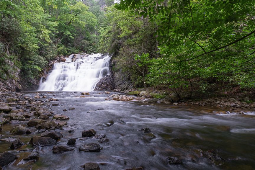 A serene waterfall cascades over rocky terrain into a calm river surrounded by lush green forest trees.